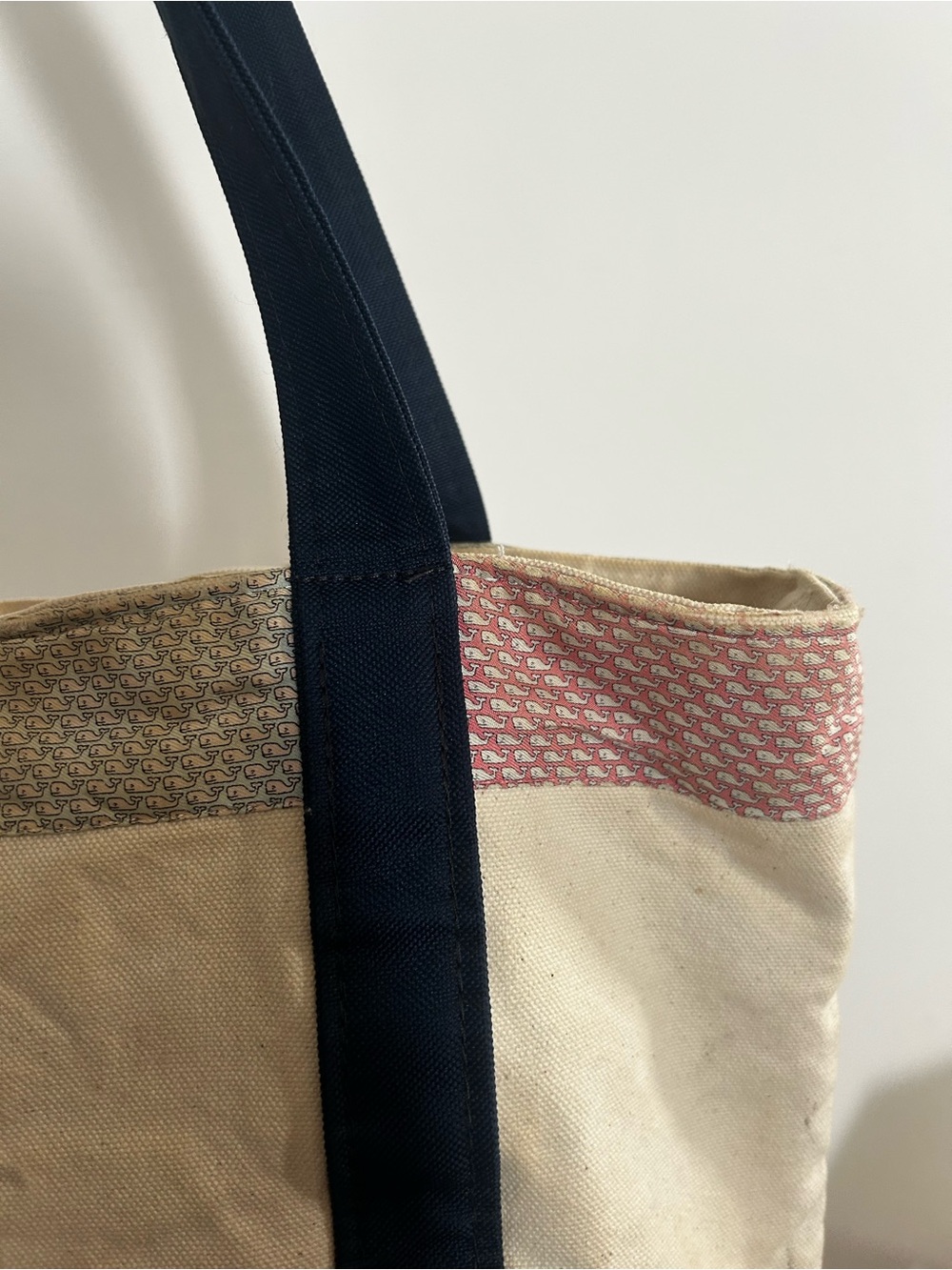 Vineyard Vines Cream Canvas Tote with Navy Straps and Pastel Trim - Picture 4 of 5